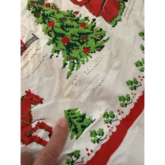 VTG MCM Christmas Tablecloth Round Fringed Santa Trees Bells Holiday Table Read - Picture 8 of 12